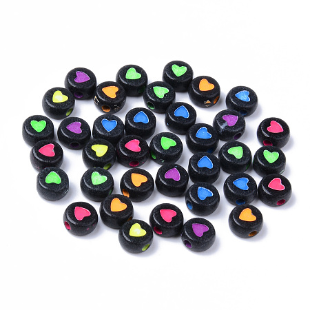 Honeyhandy Opaque Black Acrylic Beads, Flat Round with Mixed Color Heart, 7x3.5mm, Hole: 1.8mm