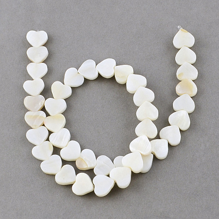 Honeyhandy Natural Sea Shell Beads Strands, Heart, Creamy White, 10x10~11x3mm, Hole: 1.5mm, about 40pcs/strand, 14.1 inch