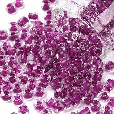 Honeyhandy 6/0 Glass Seed Beads, Transparent Inside Colours, Round Hole, Round, Purple, 6/0, 4~5x2.5~4.5mm, Hole: 1.2mm, about 1000pcs/100g