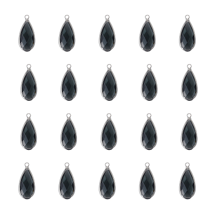 Olycraft Brass Glass Pendants, Faceted, Teardrop, Platinum, Dark Gray, 23.5x10.5x4.5mm, Hole: 2mm, 20pcs/box