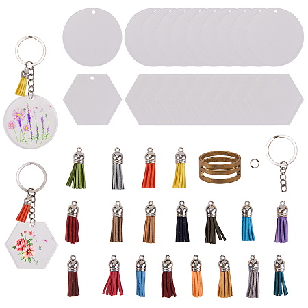 SUNNYCLUE DIY Keychain, with Iron Split Key Rings, Iron Jump Rings, Faux Suede Tassel Pendant Decorations, Transparent Acrylic Blank Big Pendants and Brass Rings, Mixed Color