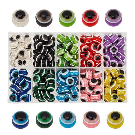 Round Evil Eye Resin Beads, Mixed Color, 11.5~12x11mm, Hole: 2.5mm, 10 colors, about 15pcs/color, 150pcs/box