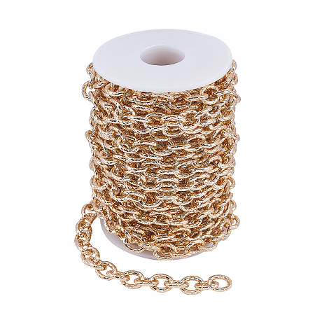 CHGCRAFT Aluminum Cable Chains, Textured, Unwelded, Oval, Light Gold, 12x10x2.5mm, 8m/roll