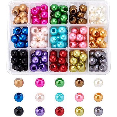 ABS Plastic Imitation Pearl European Beads, Large Hole Rondelle Beads, Mixed Color, 11.5~12x10mm, Hole: 5mm, 15 colors, 10pcs/color, 150pcs/box