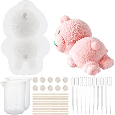 Olycraft DIY Bear Silicone Fondant Molds Kits, Include Birch Wooden Craft Ice Cream Sticks and Plastic Transfer Pipettes, Latex Finger Cots, Plastic Measuring Cup, Clear, 120x80x50mm; 1pc