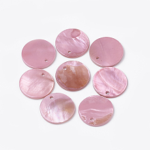 Honeyhandy Freshwater Shell Pendants, Dyed, Flat Round, Flamingo, 16x1.5~2mm, Hole: 1.4mm