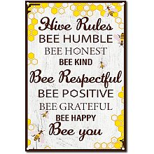 CREATCABIN Metal Tin Sign Hive Rules Bee Happy Retro Vintage Funny Wall Decor Art Mural Hanging Iron Painting for Home Garden Bar Pub Kitchen Living Room Office Garage Poster Plaque 8 x 12inch