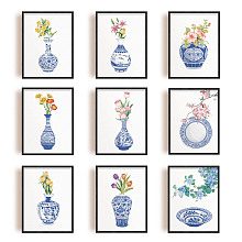 SUPERDANT 9 Pcs Chinese Blue and White Porcelain Vase Unframed Canvas Prints Canvas Art Hanging Painting Home Artwork Decoration for Preppy Room Decor Living Room Bedroom 25x20cm