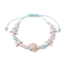 Honeyhandy Starfish & Turtle Dyed Natural Malaysia Jade & Synthetic Turquoise Braided Bead Bracelet, Ocean Theme Nylon Cord Adjustable Bracelet, Inner Diameter: 1-5/8~3 inch(4~7.5cm)