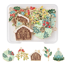 Honeyhandy 10Pcs 5 Style Alloy Enamel Pendants, Light Gold, Christmas Theme, Christmas Tree/House/Leaf/Garland, Mixed Color, 24.5~33.5x18.5~27x2mm, Hole: 1.6~2mm, 2pcs/style