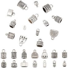 PandaHall Elite Cord End Cap, 140pcs 14 Styles Alloy Glue in End Caps Leather Cord End Cap Bead Tube Barrel Loop Clasp for Tassels Earring Bracelet Jewelry DIY Craft Making, Antique Silver