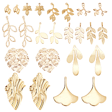 PandaHall Elite 22Pcs 11 Style Brass Pendants, Mixed Leaf, Real 18K Gold Plated, 14.5~45x11~37x1~2mm, Hole: 1~1.2mm, 2pcs/style