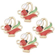 CHGCRAFT 100pcs Alloy Links with Enamel Red Golden Flower with Ladybird Alloy Links for Jewelry Making, 18x18x2mm, Hole 1.8mm