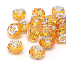 Honeyhandy Handmade Glass European Beads, Large Hole Beads, Silver Color Brass Core, Gold, 14x8mm, Hole: 5mm