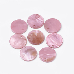 Honeyhandy Freshwater Shell Pendants, Dyed, Flat Round, Flamingo, 16x1.5~2mm, Hole: 1.4mm