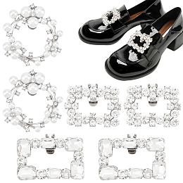 PandaHall Elite 6Pcs 3 StyleCrystal Rhinestone Shoe Decoration, Detachable Shoe Buckle Clips, with Alloy Findings and Plastic Imitation Pearl, Wreath & Rectangle, Platinum, 51.5~62x40~52.5x9.8~15mm, 2pcs/style