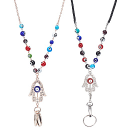 SUNNYCLUE 2Pcs 2 Style Glass Evil Eye Round Beaded Name Card Lanyards, Mobile Straps, Retractable Badge Reels, with Alloy Hamsa Hand, Swivel Clasp & Key Ring, Mixed Color, 76~80cm, 1pc/style