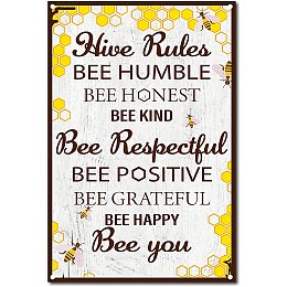 CREATCABIN Metal Tin Sign Hive Rules Bee Happy Retro Vintage Funny Wall Decor Art Mural Hanging Iron Painting for Home Garden Bar Pub Kitchen Living Room Office Garage Poster Plaque 8 x 12inch