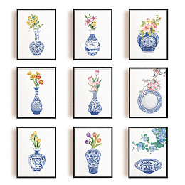 SUPERDANT 9 Pcs Chinese Blue and White Porcelain Vase Unframed Canvas Prints Canvas Art Hanging Painting Home Artwork Decoration for Preppy Room Decor Living Room Bedroom 25x20cm