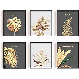 SUPERDANT 6 Pieces Golden Plants Canvas Prints Bohemian Leaves Wall Art Unframed Pictures Tropical Plant Leaves Painting for Living Room Office Bedroom Bathroom Study Room (No Frame)