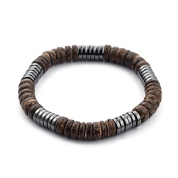 Honeyhandy Stretch Beaded Bracelet, with Natural Coconut Shell Beads and Non-magnetic Synthetic Hematite Beads, Heishi Beads, Flat Round, Coconut Brown, Inner Diameter: 2-1/4 inch(5.8cm)