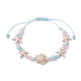 Honeyhandy Starfish & Turtle Dyed Natural Malaysia Jade & Synthetic Turquoise Braided Bead Bracelet, Ocean Theme Nylon Cord Adjustable Bracelet, Inner Diameter: 1-5/8~3 inch(4~7.5cm)