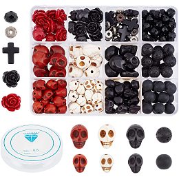 Arricraft 203 Pcs Skull Gemstone Beads Kits, Natural Lava Rock Synthetic Turquoise Cross Beads Flower Rose Beads and Tibetan Style Beads for Jewelry Making Bracelets Necklaces DIY Crafts