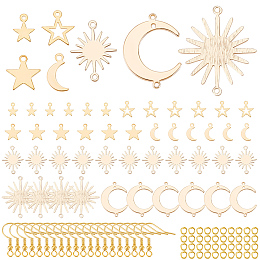 BENECREAT DIY Sun & Moon & Star Earring Making Finding Kit, Including Brass Link Connectors & Charms, Iron Earring Hooks, Golden & Light Gold, 96Pcs/box