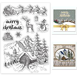 GLOBLELAND Christmas Deer Elk Clear Stamp Santa Claus Snow Mountain House Transparent Silicone Stamp Sleigh Snowman Rubber Stamp for Scrapbook Journal Card Making 4.3 x 6.3 Inch