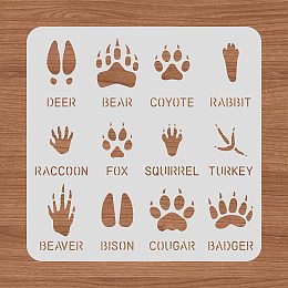 BENECREAT 12 Type Animal Footprint Paw Stencils, 12x12" Deer/Bear/Rabbit/Fox/Turkey Drawing Stencils for Wood Wall Painting and Scrapbooking