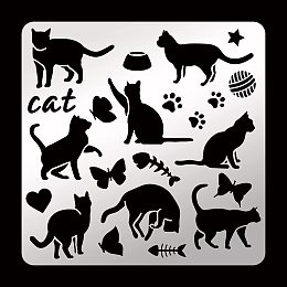 FINGERINSPIRE Cat Metal Stencil 6.14 inch Square Metal Cat Pattern Stencil Stainless Steel Cat Paw Scrapbooking Drawing Stencil Butterfly Fishbone Stencil for Engraving, Pyrography, Journal