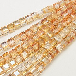 Honeyhandy Electroplate Glass Beads Strands, AB Color Plated, Faceted, Cube, Sandy Brown, 4x4x4mm, Hole: 1mm