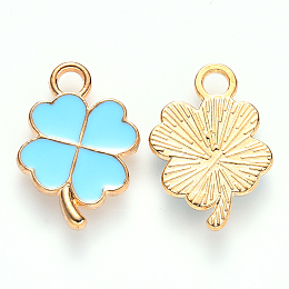 Honeyhandy Alloy Enamel Pendants, Clover, Light Gold, Sky Blue, 18x12x2mm, Hole: 2mm