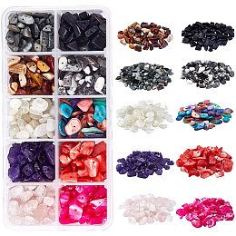 NBEADS 1 Box Gemstone Chips Beads, 10 Styles Natural Irregular Shaped Stone Beads and Dyed Shell Loose Beads for Jewelry Making, 4.5-15mm