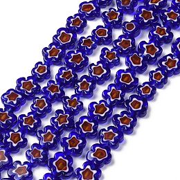 Handmade Millefiori Glass Bead Strands, Flower, Dark Blue, 10x2.6mm, Hole: 1mm, about 42pcs/strand, 15.75''(40cm)