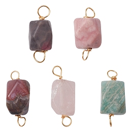 Natural Mixed Stone Connector Charms, Faceted Polygon Links, with Real 18K Gold Plated Eco-Friendly Copper Wire, 23~25.5x9.5~13x8.5~10mm, Hole: 3.2mm