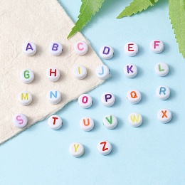 Honeyhandy 520Pcs 26 Style Craft Acrylic Horizontal Hole Letter Beads, Flat Round, Letter A~Z, 7x3.5~4mm, Hole: 1.5mm, 20pcs/style