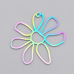 Honeyhandy Ion Plating(IP) 201 Stainless Steel Pendants, Laser Cut, Flower, Rainbow Color, 34.5x35x1mm, Hole: 1.6mm