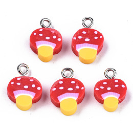 Honeyhandy Handmade Polymer Clay Charms, with Platinum Tone Iron Findings, Mushroom, Red, 14~15x10x4mm, Hole: 1.8mm