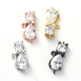 Honeyhandy Brass Micro Pave Cubic Zirconia Kitten Links connectors, Cat, Clear, Mixed Color, 18x8x5mm, Hole: 1.2mm