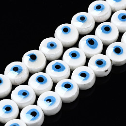 Honeyhandy Handmade Porcelain Ceramic Beads Strands, Bright Glazed Porcelain, Flat Round with Evil Eye, White, 8x5mm, Hole: 1.5mm, about 40pcs/strand, 12.01 inch(30.5cm)