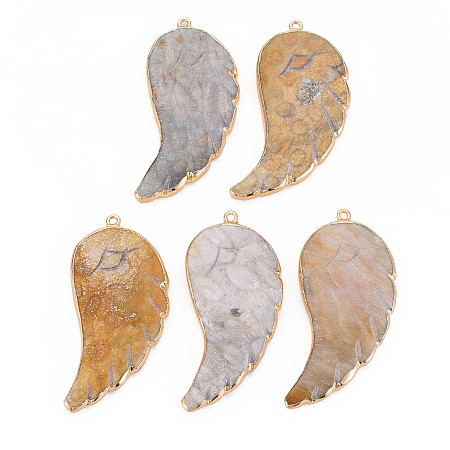 Natural Chrysanthemum Stone Big Pendants, with Light Gold Plated Iron Loops, Wing, 54~56x25~26x5.5~6mm, Hole: 1.6mm