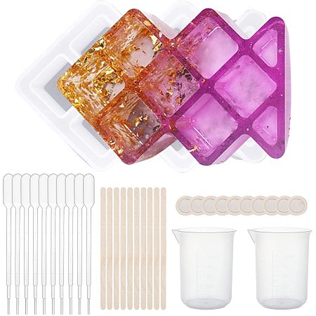 Olycraft DIY Lipstick Storage Box Silicone Molds Kits, Include Birch Wooden Craft Ice Cream Sticks and Plastic Transfer Pipettes, Latex Finger Cots, Plastic Measuring Cup, Clear, 140x90x54mm, Inner Diameter: 11x17mm and 24x24mm, 1pc