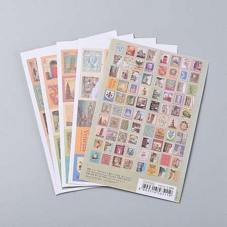 Honeyhandy Postage Stamp Shape DIY Paper Label Paster Picture Stickers, Mixed Pattern, Mixed Color, 22~56x16~44mm, about 5 sheets/set