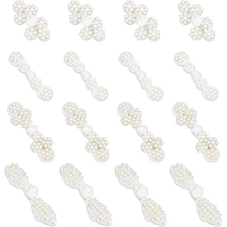 NBEADS 16 Sets White Chinese Frog Buttons, 4 Styles Polyester Button with ABS Plastic Imitation Pearl Chinese Handmade Sewing Fasteners Closure Cheongsam Buttons for DIY Sewing Coats Cloak Sweater