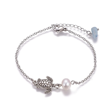 Honeyhandy Stainless Steel Link Bracelets, with Pearl Beads, Natural Aquamarine Beads and Alloy Findings, Sea Turtle, Antique Silver & Stainless Steel Color, 7-3/8 inch(18.7cm), 2mm