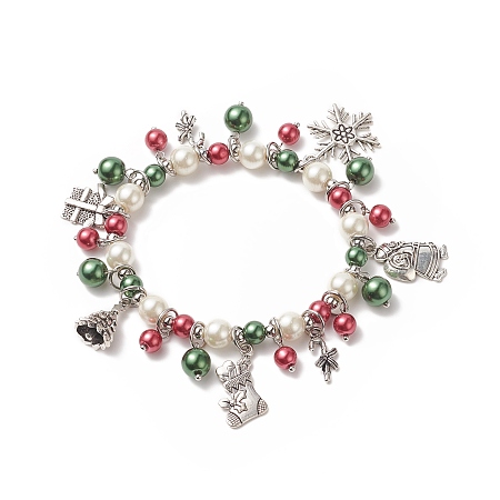 Honeyhandy Glass Pearl Beaded Stretch Bracelet, Candy Cane & Snowflake & Santa Claus & Bell Alloy Charms Christmas Bracelet for Women, Colorful, Inner Diameter: 2-1/4 inch(5.6cm)