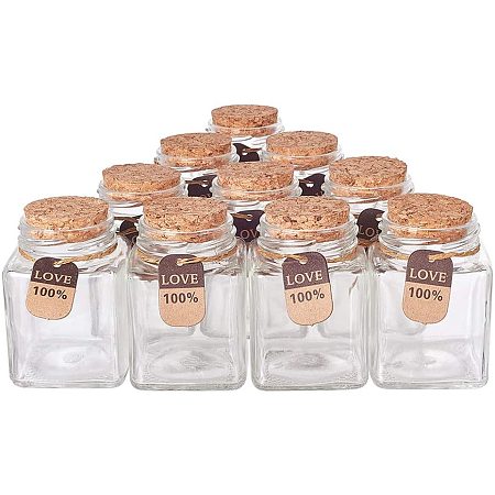 BENECREAT 10 Pack 3.4oz 100ml Glass Favor Jars with Cork Lids, Tags and Strings Square Glass Jars for Home Party Candy Snacks Favor Storage and Decoration