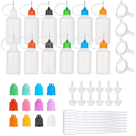 BENECREAT 12 Pack 1oz/1.7oz Precision Tip Plastic Bottle with 12PCS Dropper Head, 12PCS Colorful Child Resistant Caps, 4PCS Funnel, 8PCS Dropper for DIY Quilling Glue
