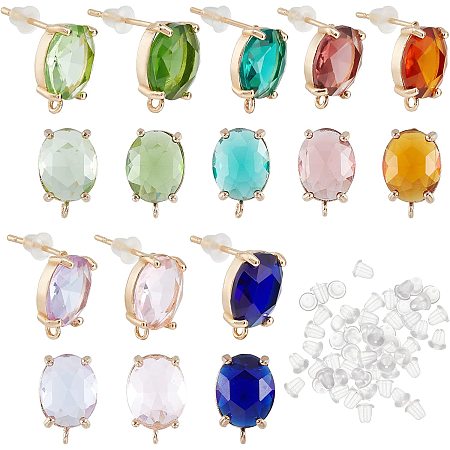 SUPERFINDINGS 16Pcs 8 Colors Brass Glass Stud Earring Findings, with 50Pcs Plastic Ear Nuts, Oval, Mixed Color, 12x8mm, Hole: 1.2mm, Pin: 0.6~0.7mm